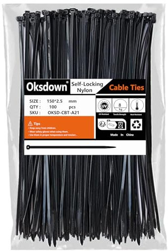 Oksdown 100 Pack Black Plastic Cable Ties 150mm×2.5mm Small Nylon Zip Ties Premium Self Locking 6 inch Mini Tie Wraps