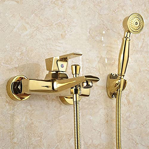 Gx Grifo Bañera con Alcachofa De Mano Monomando Latón Mezclador De Bañera Montaje En Pared, Incluye Soporte Y Manguera De 150 Cm, Grifo De Ducha, Oro
