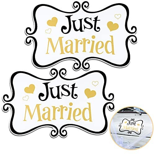 Auto-Magnetaufkleber Just Married, Aufschrift Just Married, 35 x 22 cm, Flitterwochen, Heckklappe, Auto-Magnetaufkleber für Hochzeit, Autotür, Kühlschrank, Schwarz und Gold, 2 Stück