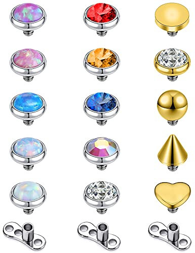 PunkTracker Kit de piercing dermal en acier chirurgical 316L avec opale véritable et zircone cubique - Filetage interne - Bijoux piercing dermal, Acier inoxydable