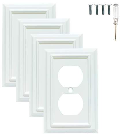 Wall Plates, Duplex Outlet Covers, Toggle Light Switch Plates, Decorator Light Switch Cover, Bamboo Fiber Material Standard Size Wall Plates of various styles, White (1 Gang Duplex 4 Pack)
