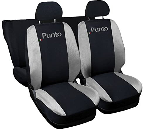 Lupex Shop Copri-sedili Auto Compatibili Punto | Set Coprisedili Anteriori e Posteriori | Logo Ricamato | Airbag Compatibile | Accessori Auto Interno (Nero/Grigio Chiaro)