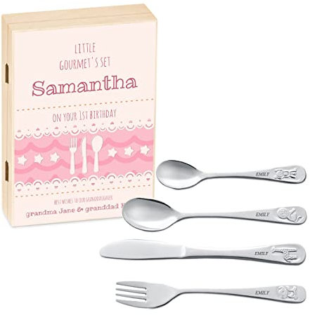 Maverton Kids Silverware in a Wooden Box – Personalised Animals Cutlery Set – Stainless Steel Engraved Utensil Set – for Girls - Fork
