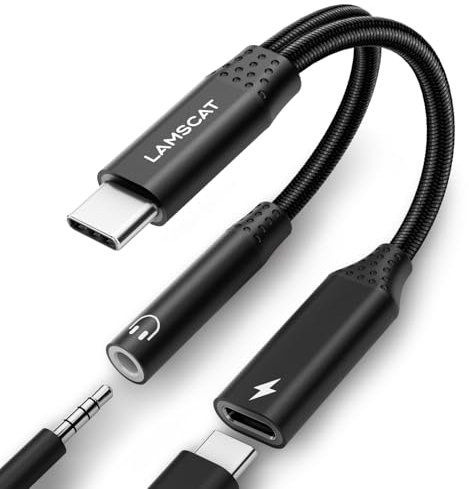 LAMSCAT USB C Kopfhörer Adapter und Laden, PD 60W 2 in 1 Typ C auf 3.5mm Klinke Adapter Unterstützt 60W Schnellladung für Samsung S24/S23/S22/S21/S20+ (Black)