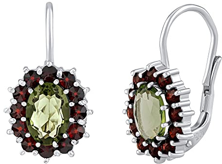 SILVEGO Damen Ohrringe aus 925 Sterling Silber mit echtem Moldavit und Granaten aus Tschechien