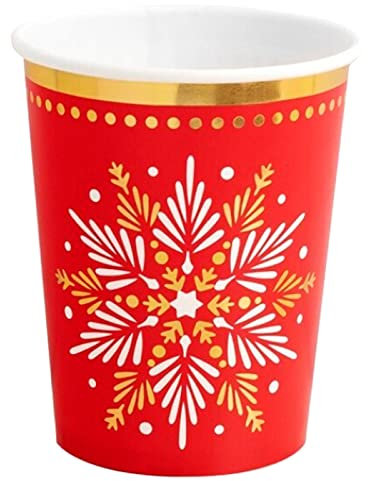 Acan Pack de 30 Vasos de Color Rojo Metalizado y diseño de un Copo de Nieve, con Capacidad de 270 CC Reutilizable y reciclable, Colores navideños