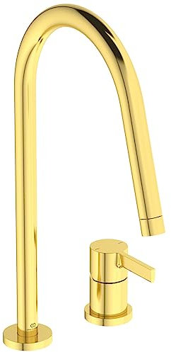 Ideal Standard – Gusto 2-Loch Küchenarmatur, Hoher Auslauf mit zylindrischem Querschnitt, mit FirmaFlow Kartusche, Schwenkbereich 360°, Schaftverschraubung von unten, Brushed Gold