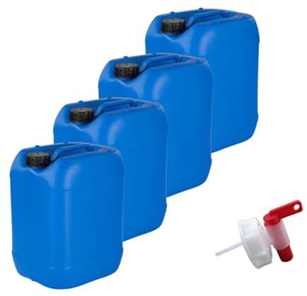 kanister-vertrieb® 4 x 20 L Kanister Wasserkanister BPA-frei blau inkl. 1 x Auslaufhahn+ Etiketten