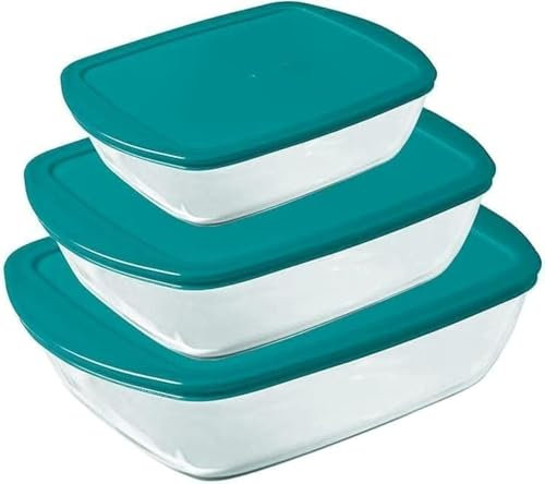 Pyrex Cook & Store - Juego de 3 platos rectangulares de vidrio para preparación y almacenamiento de alimentos con tapas (0,4 L, 1,1 L y 2,5 L), sin BPA, cocina, asado, congelación (verde azulado,
