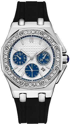 CIVO Montre Élégante pour Femme - Analogique avec Calendrier, Bracelet Silicone Noir, Étanche, Lumineux, Diamant, Quartz - Argent - Cadeau
