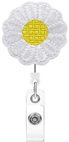 Soleebee Porte-clés yoyo extensible - Motif tournesol brodé - Porte-badge rétractable - Avec pince crocodile rotative - Pour porte-cartes - Blanc