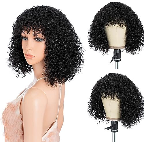 Style Icon Echthaar Perücke Human Hair Wig Bob Wig Afro Wigs Short Curly Wigs for Black Women Wig With Bangs (12 inches, 1B)
