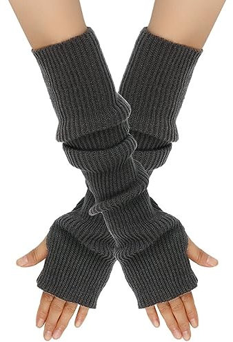 MoreChioce 1 Paar Frauen Lange Fingerlose Handschuhe, Winter Gestrickt Armstulpen Ellenbogenlange Handgelenk Pulswärmer Halbfingerhandschuhe Fäustlinge Strickhandschuhe mit Daumenloch,Dunkel Grau