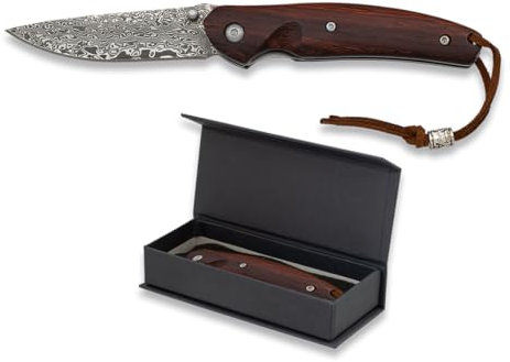 Navaja DAMASCO de Acero inoxidable 7cm con empuñadura de madera | Navaja ideal para aire libre | Navaja plegable de bolsillo para exterior y campamento | Cuchillo Senderismo, Camping 18719