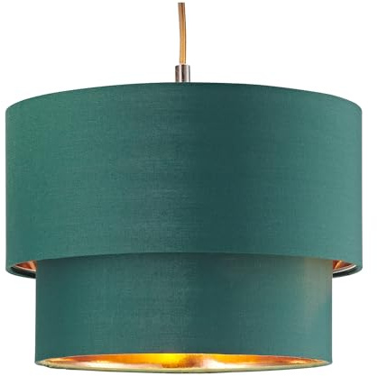 Modern and Trendy Forest Green Cotton Fabric Double Tier Design Ceiling Pendant Lamp Shade with Shiny Copper Inner | 18cm x 25cm by Happy Homewares