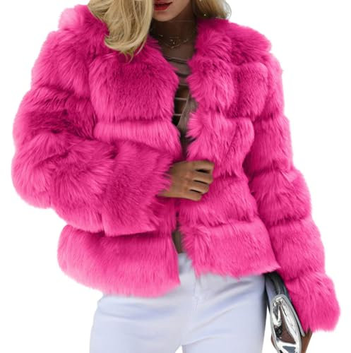 Minetom Manteaux Femme Élégant Manteau en Peluche Manche Longue Fausse Fourrure Blouson Hiver Chaud Doux Epaissé Veste Parka A Rose Vif 3XL