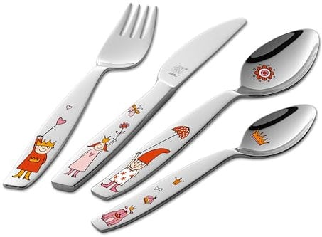 ZWILLING Princesa Emilie Juego de cubiertos para niños, 4 piezas, con diseños de colores, para niños a partir de 3 años, de acero inoxidable 18/10, embalaje sin plástico.