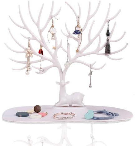 KASESSS Porte Bijoux Femme, Créatif Arbre a Bijoux, Presentoir Bijoux en Cerf d'Arbre, Porte Collier avec Plateau, Support Bijoux pour Boucles d'Oreilles, Colliers, Bracelets, Montres et Bagues(Blanc)