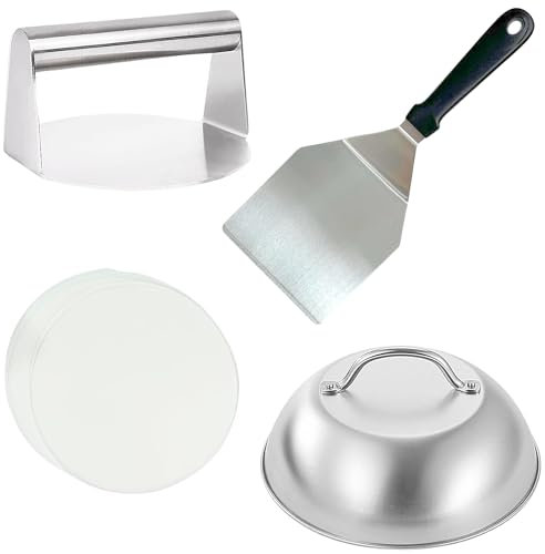 HTT Global Burger Press Kit with Burger Smasher, 12'' Smash Burger Spatula, 9'' Cheese Melting Dome, & 50 Wax Discs for Burger Press, Smash Burger Press, Smash Burger Kit (4pcs)