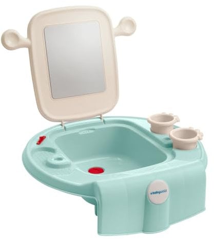 baby-walz basics Kinderwaschbecken türkis - mit bruchsicherem Spiegel und Ablaufstöpsel - inkl. 2 Zahnputzbechern - leichte Montage - 39(L) x 13(B) x 40(H) cm - ab 12 Monaten