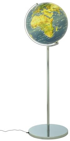 TROIKA Standglobus beleuchtet Ø 43 cm, Höhe 1,32 m SOJUS LIGHT Globus physische Karte & politische Karte mit Landesgrenzen Kartenrelief Licht verchromter Metallfuß weicher Filzboden bewegliche Achse