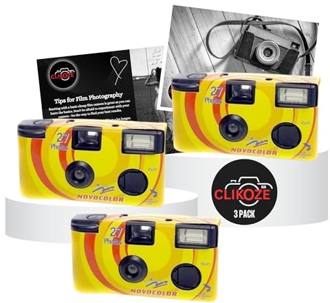 Disposable Camera Bundle with Novocolor APM401004 Single-Use Film Cameras with 27 Exposures x3 and Clikoze Disposable Photography Tips Card