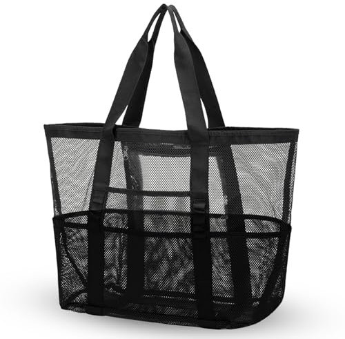 ONCCI Strandtasche Damen Strandtasche XXL Familie, Mesh Beach Bag Shopper Damen Tote Bag für Strand Reisen Einkaufen Picknick und Alltag (Schwarz)