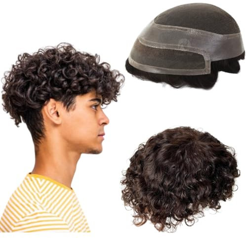 Toupet für Männer, Echthaar-Perücken, Herren-Toupet mit weichen, Periphere PU+feinen Schweizer Spitzenhaareinheiten, 10 mm gewelltes Herren-Perücke-Toupet-Haar,10 x 8 (#2 Dunkelbraun)