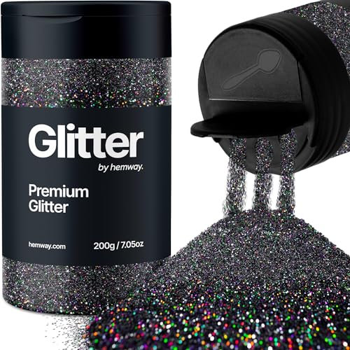 Hemway Premium Glitter Shaker - Black Holographic | Ultrafine Metallic Flake Sequins for Resin & Epoxy Crafts | Craft Supplies for Tumblers, Festival, Hair, Face, Body, Eye & Nail Art | 200 g