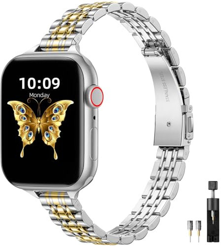 Maledan Métal Bracelet Compatible avec Bracelets Apple Watch 40mm 41mm 38mm Femme Homme, Bracelet en Acier Inoxydable pour iWatch Series 9 8 7 6 5 4 3 2 1 SE 2/1 Ultra 2/1, Argent/Or