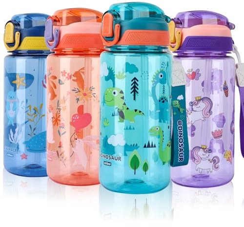 SUPPRUI Gourde Enfant,600ml Gourde Enfant Anti Fuite avec Paille, Sans BPA, Belle Gourde Fille et Garcon Adaptée aux Voyages Scolaires