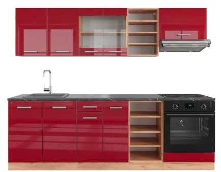 Vicco Küchenzeile R-Line, Rot Hochglanz/Goldkraft Eiche, 240 cm | 10 Module · Höhenverstellbare Füße · Arbeitsplatte Anthrazit · Robuste Fronten · Mit Herdumbauschrank · Frei kombinierbar