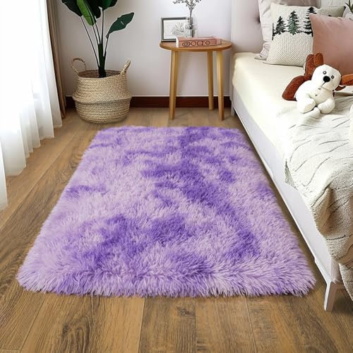 Fluffy Rugs for Bedroom Girls, 2x3 Feet Soft Modern Indoor Shaggy Area Rug, Non-Slip Fuzzy Floor Carpet, Cute Small Rectangle Plush Rug for Nursery Dorm Kids Room Decor, Tie-dye Purple