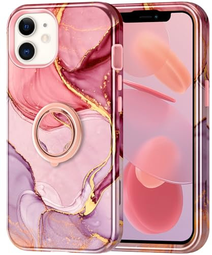 Petocase for iPhone 12 case,Heavy Duty with Rotation Ring Kickstand,Tempered Glass Screen Protector Full Body Shockproof Rugged 3 in 1 Case Anti-Scratch for iPhone 12,Rose Gold