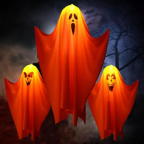3 Stück Halloween Deko Geister Led,Geist mit Licht Deko,Halloween Deko Hängende Geister,Halloween Deko Lichterkette Geister,Hängende Geister mit Lichterketten,Led Hängende Geister
