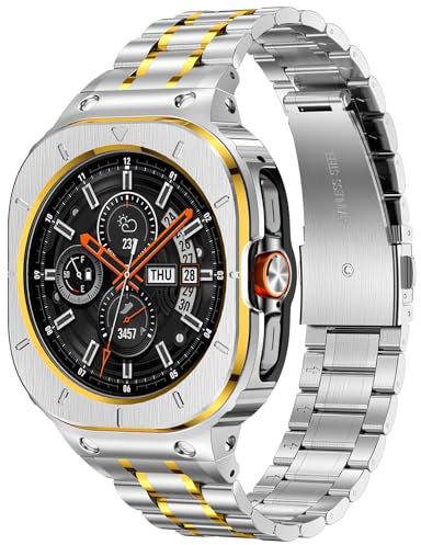 Deczone Edelstahl Armband mit Gehäuse kompatibel mit Samsung Galaxy Watch Ultra 47mm, Robuste Schutzhülle und Metallarmband für Samsung Galaxy Watch 7 Ultra für Männer (Silber & Gold)