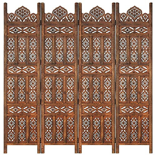 Homgoday Paravent 4 panneaux sculpté à la main en bois de manguier massif marron 160 x 165 cm