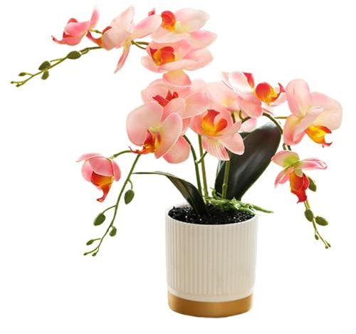 Hasaller Artificial Orchid Flower with Vase White Orchid Bonsai Faux Orchid Phalaenopsis Plant Pot Arrangements for Home Decoration(Pink)