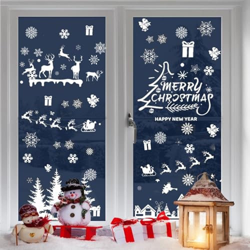 141 Stück Fensterbilder Weihnachten, Fensterfolie Weiß Weihnachtsdeko Fenster Wiederverwendbar für Winter Weihnachts Fenster Dekoration Fensterscheiben Vitrinen Schneeflocken Weihnachtsdeko