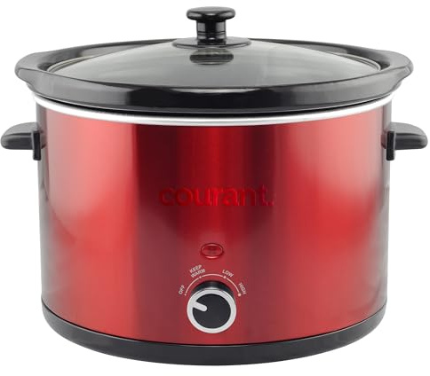 Courant - Mijoteuse de 5 litres avec insert amovible en céramique et couvercle en verre avec trois réglages de température, rouge