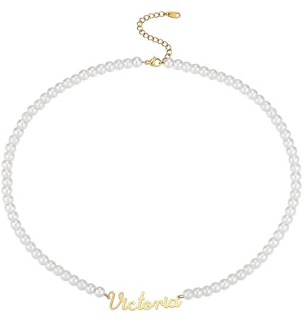INBLUE Collana Perle Nome Personalizzato per Donne Collana Choker di Perle con Catena in Acciaio Inox Fili di Perle con Ciondolo Nome Gioielli Regalo per Compleanno San Valentino - C2