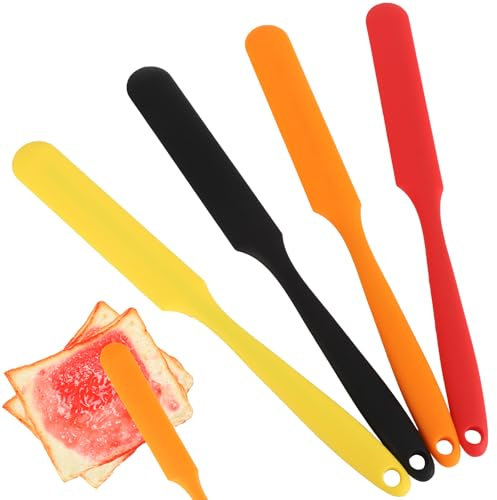 TEESSUE Silicone Jar Spatula Set of 4, Flexible Small Spurtle Spatula for Kitchen Use, Long Handle Skinny Narrow Blender Sparula for Frosting, Peanut Butter, Cake Icing, Chocolate, Cream