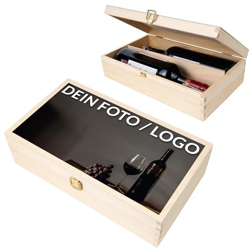 Creative Deco Scatola per Vino in Legno | Porta Bottiglie di Vino, Regalo Personalizzato 2 Bottiglie 0,7l | 35x20x9.5 cm | con Coperchio e Serratura, Divisori Rimovibili | Idea Regalo con tua Foto