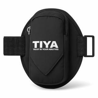 TIYA Running Armband Phone Holder - Reflective Material, Adjustable Arm Band Strap for Men & Women, No Slipping or Irritation, Lightweight - 3 Pockets for Smartphone & Running Accessories - Black