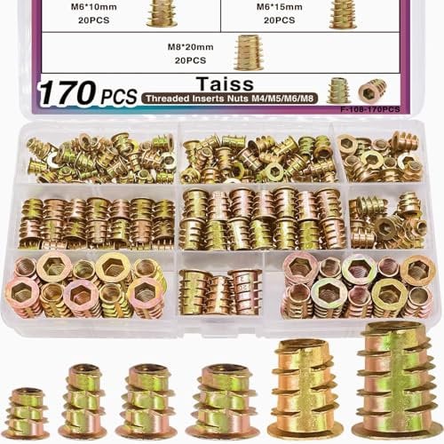 Taiss 170PCS Threaded Inserts Nuts,6 Sizes Wood Threaded Insert Kit,Furniture Screw in Nut Wood Inserts M4/M5/M6/M8 Threaded Inserts for Wood,Hex Socket Drive Screw Inserts for Wood Furniture,Cabinet