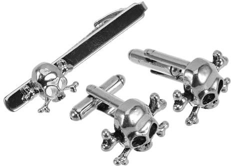 CALLARON Ensemble de boutons de manchette et pince à cravate en métal poli à la main, motif tête de mort gothique, accessoire pour homme, 6.50X2.10X1.60CM, Alliage, Alliage.