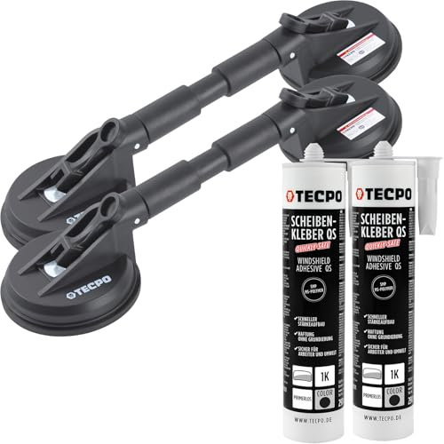 TECPO Scheibenausbauwerkzeug Set 4-teilig, 2X Scheibenkleber 290ml, 2X Gummi Doppelsauger Satz Ø 118mm Montage Reparaturset Steinschlag Windschutzscheibe Autoglas Ausbau Werkzeug