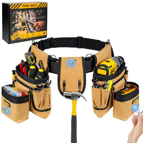 Werkzeuggürtel,Magnetische Werkzeugtasche Gepolsterter mit 27 Taschen 4 D-Ringen für Herren,Robust Abnehmbare Verstellbare Allzweckgürtel für Elektriker,Männer,Tischler,Bauarbeiter,Schwarz Braun