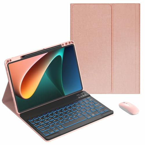 JZCZMCE Keyboard Case for Xiaomi Pad 6S Pro 12.4 inch 2024, 7 Color Backlit, Built in Pencil Holder, Magnetic Detachable Wireless Keyboard with Bluetooth Mouse,Pink