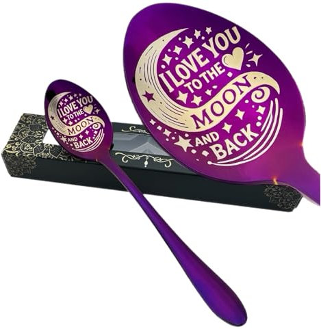 Engraved Teaspoon I Love You to The Moon and Back 15cm Stainless Steel Available in Silver or Purple, Luxury Gift Box Included, Sentimental Keepsake Gift for Birthdays, Anniversaries (Purple)